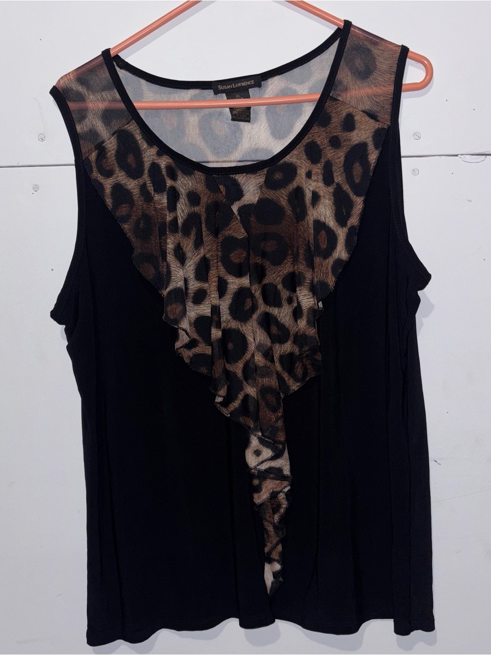 Susan Lawrence Black Tank Top with Leopard Mesh Accent